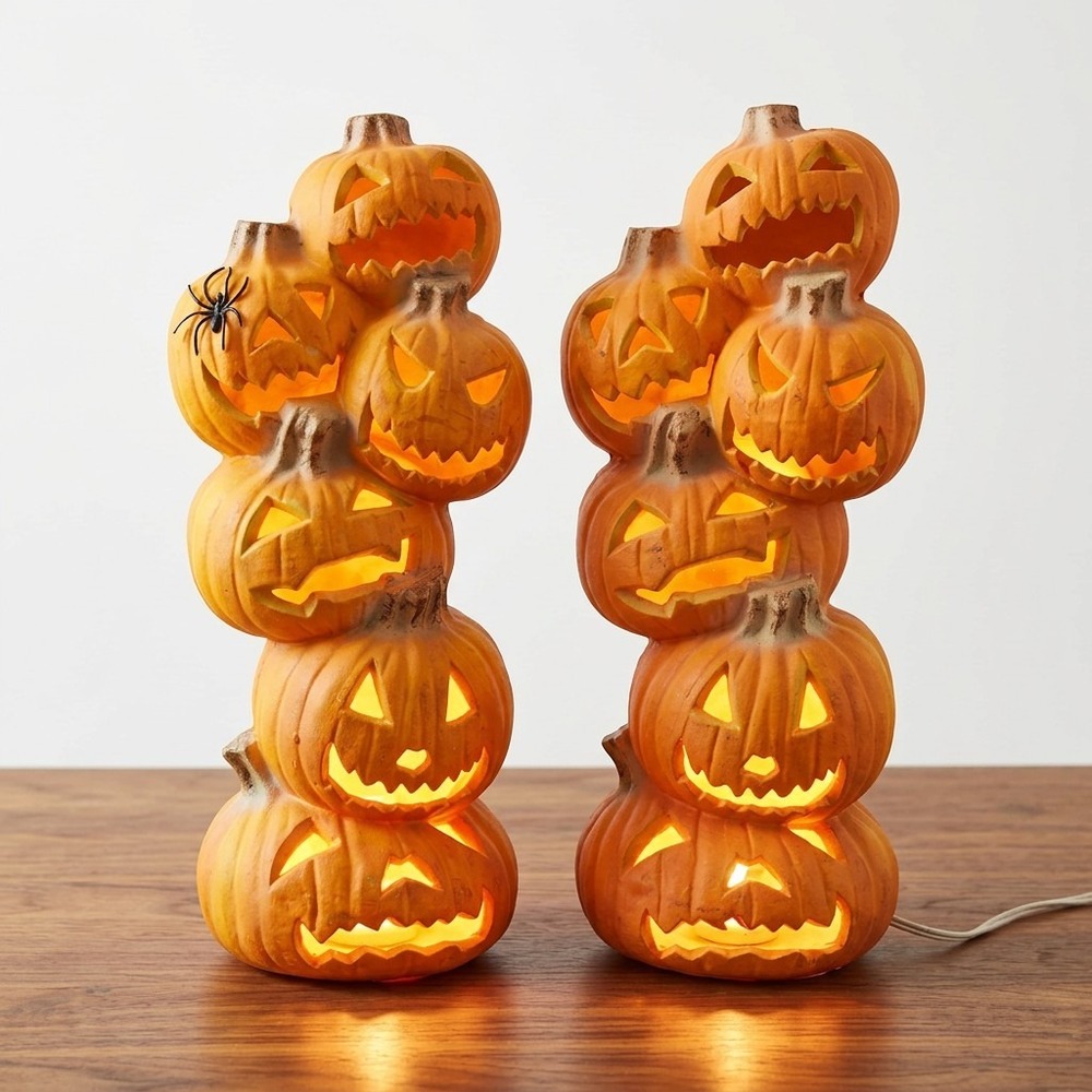 Trendmasters 6 Stacked Pumpkins Lighted Halloween Foam Mold 18", Set of 2, 1993 - Picture 2 of 12